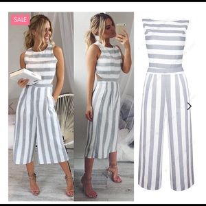 Sleeveless Striped Backless Wide Leg Jumpsuit